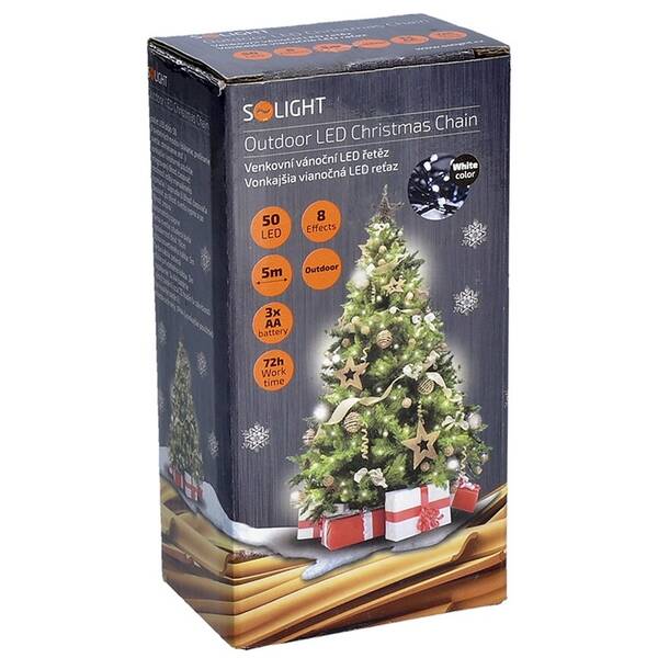 Vianočné osvetlenie Solight reťaz, 50LED, 5+3 m, 8 funkcií, IP44. 3x AA, studená biela 


