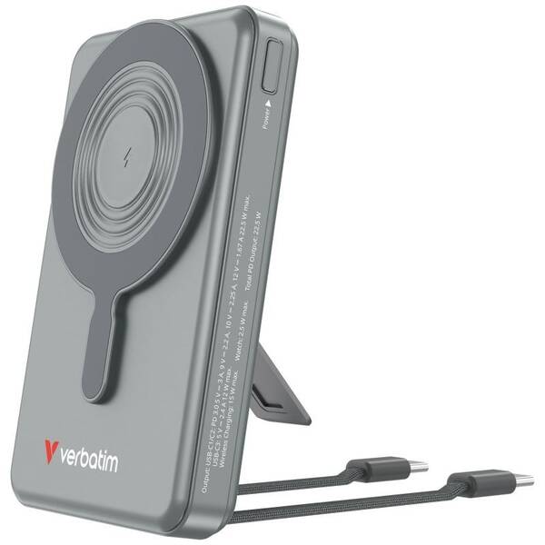 Powerbank Verbatim magnetická, bezdrôtová Charge 'n' Go C+C, displej, 10000 mAh sivá

