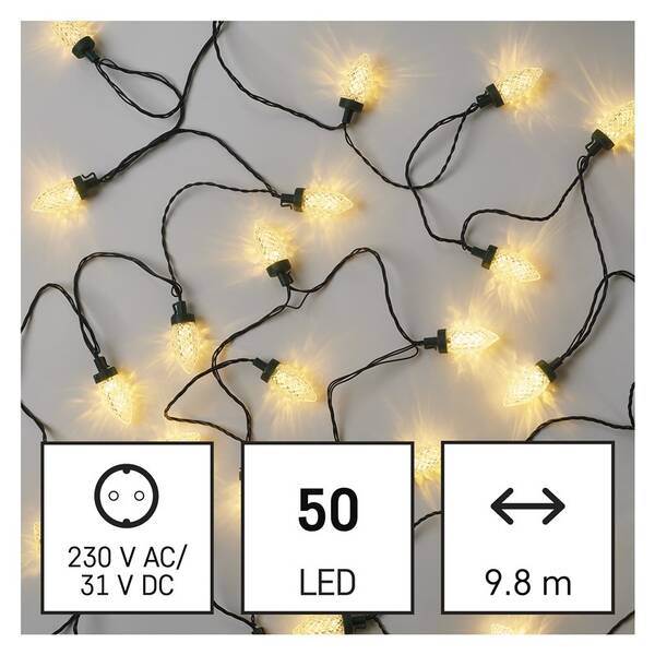 Vianočné osvetlenie EMOS 50 LED reťaz - 9,8 m, šišky, vonkajšie aj vnútorné, teplá biela 

