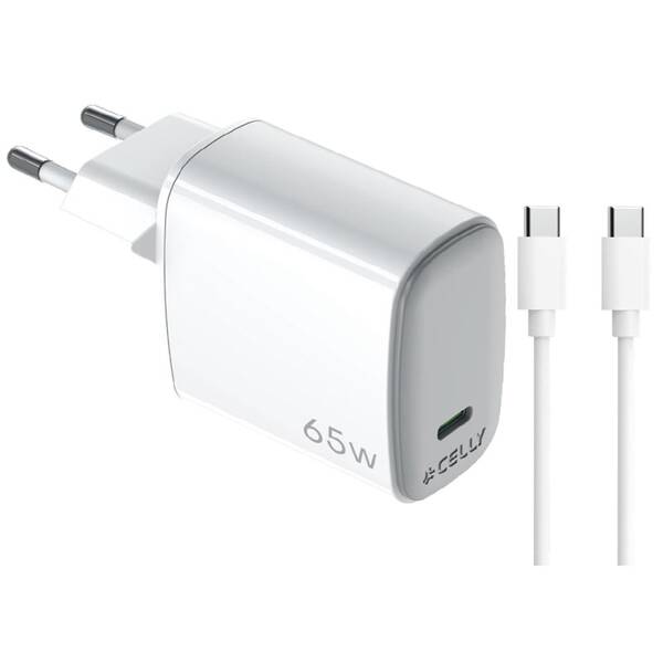 Nabíjačka do siete Celly 1x USB-C GaN, 6 W + USB-C kábel biela

