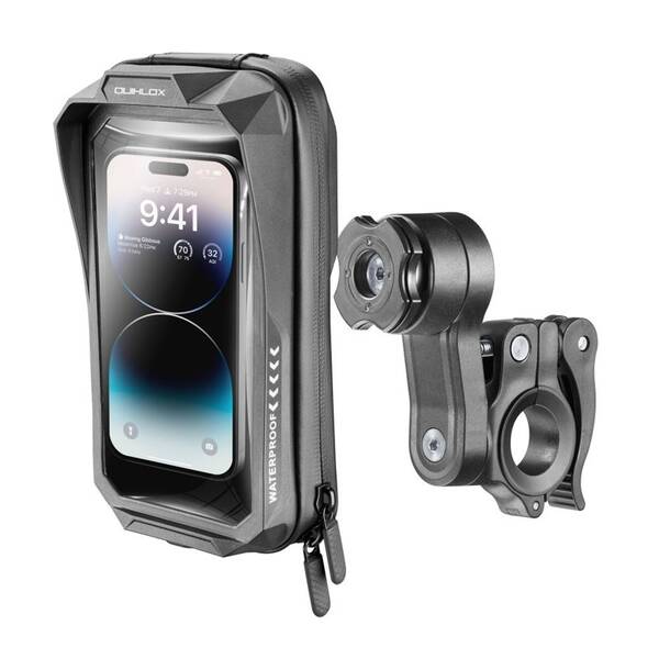 Držiak na mobil Interphone QUIKLOX, univerzálne vodeodolné púzdro na mobilné telefóny Waterproof, max. 7" + úchyt na riadidlá čierny

