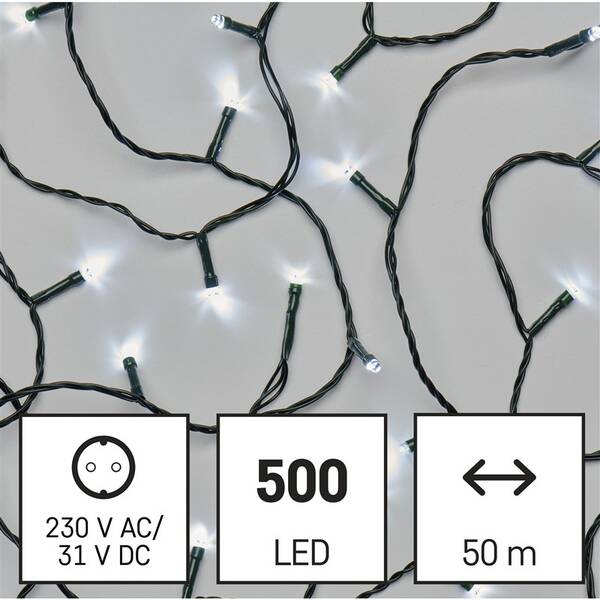 LED reťaz EMOS 500LED reťaz, 50 m, vonkajšia aj vnútorná, studená biela, programy, časovač 


