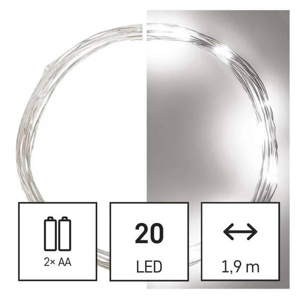 Vianočné osvetlenie EMOS 20 LED nano reťaz, 1,9 m, 2x AA, vnútorná, studená biela, časovač 

