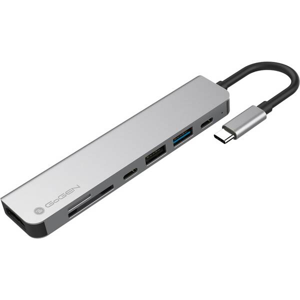 USB Hub GoGEN USB-C, 1x USB-C 2.0, 1x USB-C power, 1x USB A-2.0, 1x USB-A 3.0, HDMI, Card reader sivý

