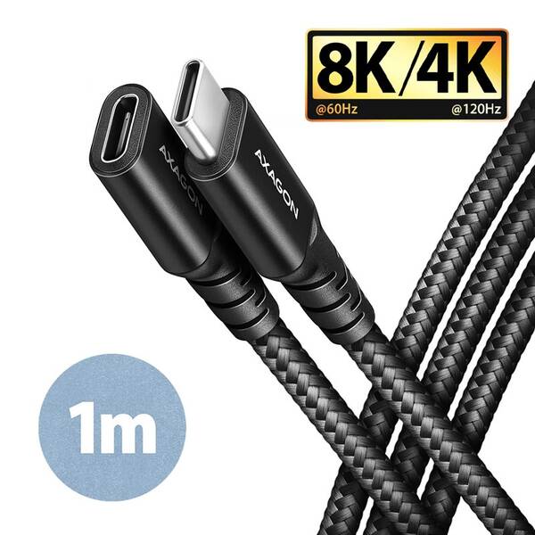 Kábel Axagon predlžovací kábel USB-C samec / USB-C samica, 1m, PD 240W, 8K HD, pletený čierny

