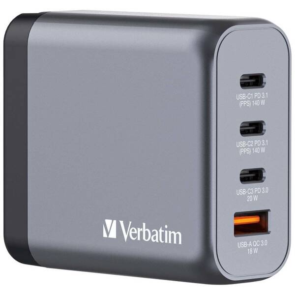 Cestovný adaptér Verbatim GNC-140 GaN, 140W, 3x USB-C PD, 1x USB QC sivý

