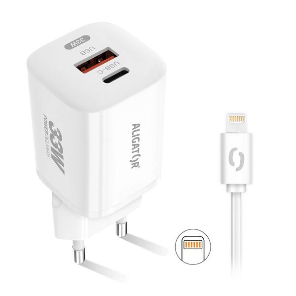 Nabíjačka do siete Aligator Power Delivery 33W, USB-C + USB-A + kábel pre Apple biela

