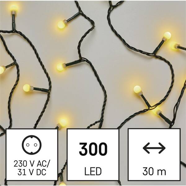 LED reťaz EMOS 300LED cherry reťaz - guličky, 30 m, vonkajšia aj vnútorná, teplá biela, programy, časovač 

