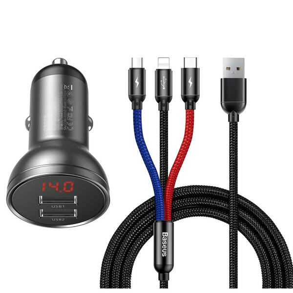 Adaptér do auta Baseus Digital Display 2xUSB + 3v1 kábel 1,2m čierny

