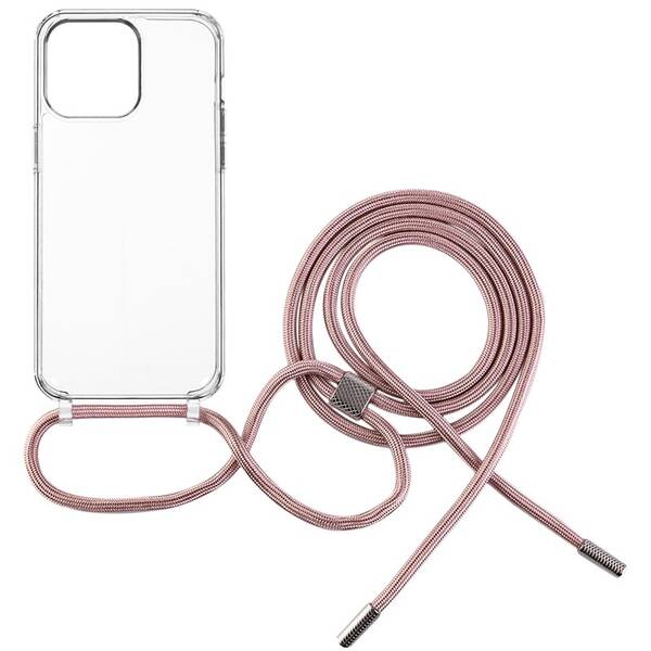 Kryt na mobil FIXED Pure Neck s ružovou šnúrkou na krk pre Apple iPhone 15 Pro priehľadný


