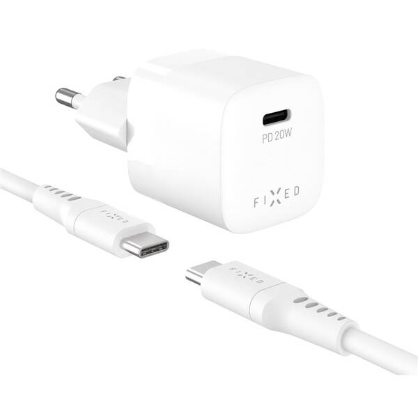 Nabíjačka do siete FIXED Mini, PD 20W, 1xUSB-C + USB-C/USB-C kabel, 1,2m biela

