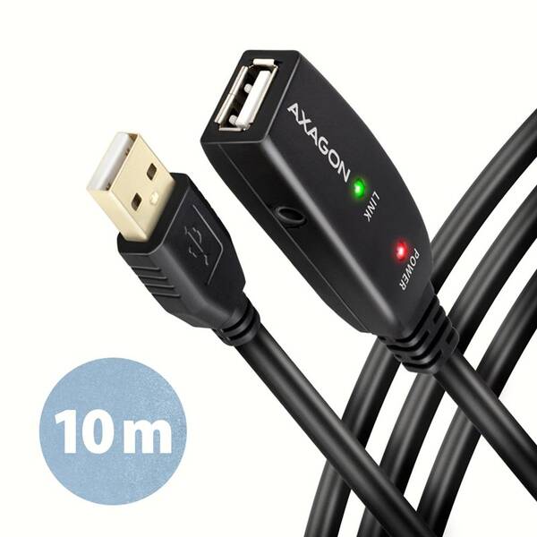 Kábel Axagon USB 2.0 A-M -> A-F aktívny predlžovací kábel, 10m čierna

