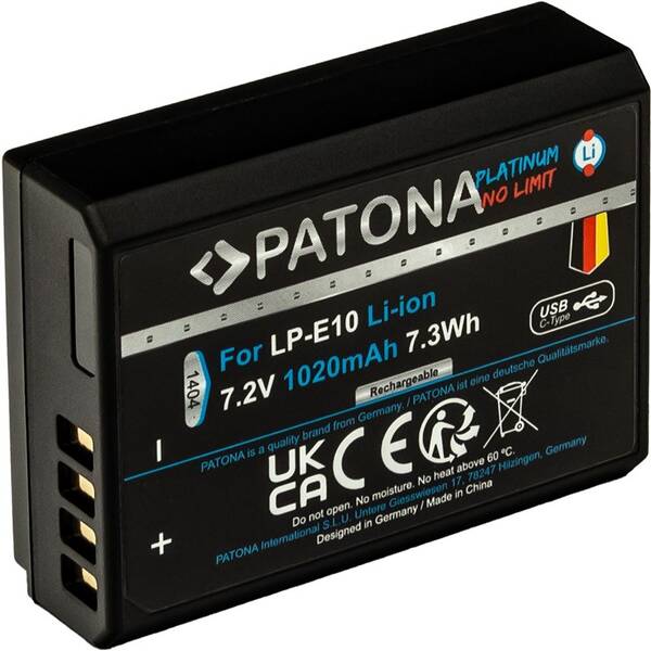 Batéria PATONA pre foto Canon LP-E10 1020mAh Li-Ion Platinum, USB-C čierna

