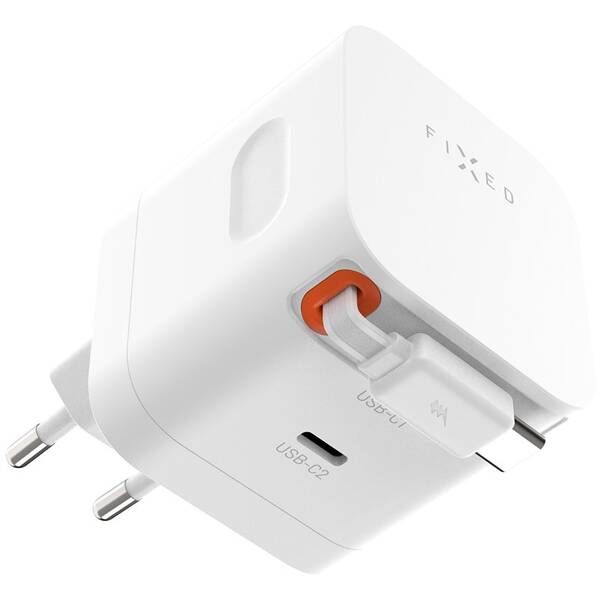 Nabíjačka do siete FIXED GaN 2xUSB-C, PD 3.0, so samonavíjacím káblom, 65W biela

