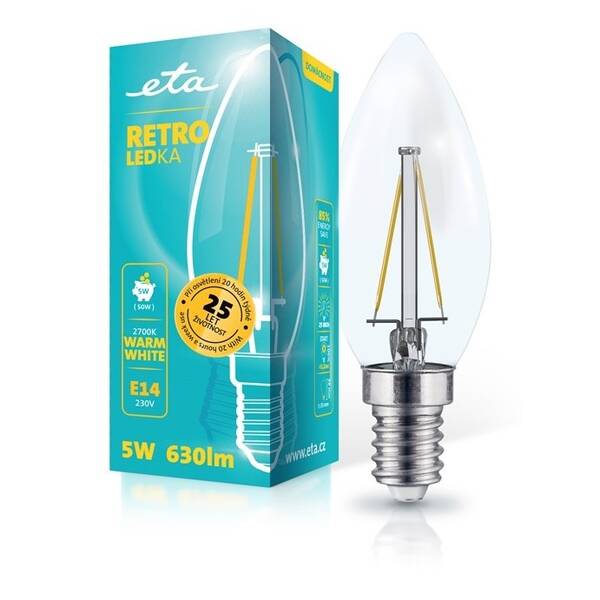LED žiarovka ETA RETRO LEDka sviečka filiament 5W, E14, teplá biela 

