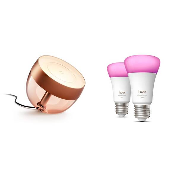 Inteligentná žiarovka Philips Stolní LED lampička Philips Hue Iris Copper Special Edition - měděná + Chytrá žárovka Philips Hue Bluetooth, E27, 810 lm, White and Color Ambiance (2 ks) 

