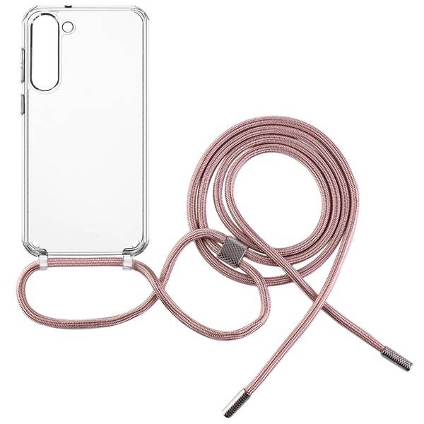 Kryt na mobil FIXED Pure Neck s ružovou šnúrkou na krk na Samsung Galaxy S23+ priehľadný

