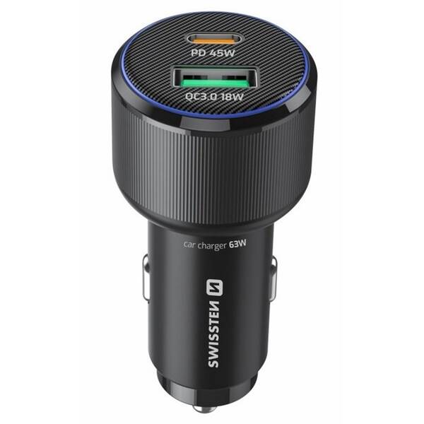 Adaptér do auta Swissten USB-C PD + USB-A, 63W čierny

