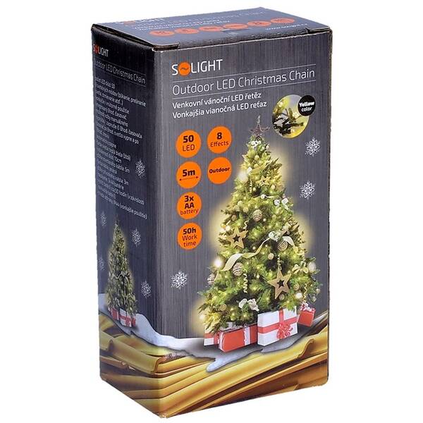 Vianočné osvetlenie Solight reťaz, 50LED, 5+3 m, 8 funkcií, IP44. 3x AA, teplá biela 

