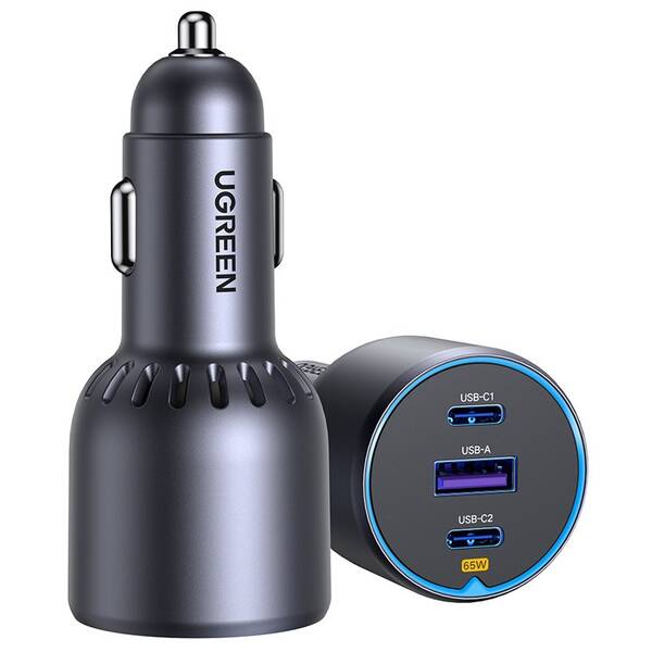 Adaptér do auta UGREEN 2×USB-C, USB, 75 W sivý

