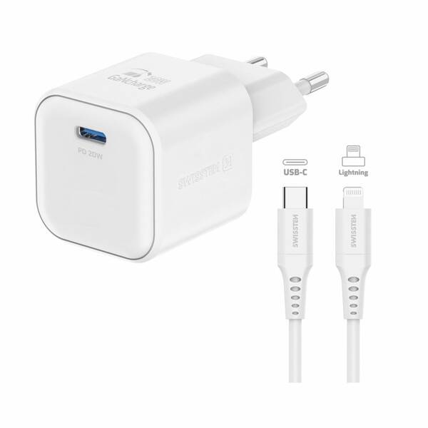 Nabíjačka do siete Swissten GAN 1x USB-C 20W PD + Dátový kábel USB-C/Lightning 1,2 M biela

