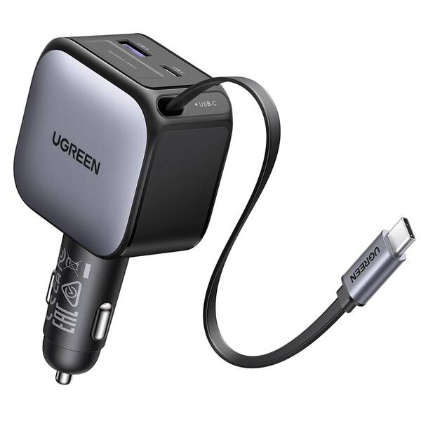 Adaptér do auta UGREEN 2×USB-C, USB, 60W, so zaťahovacím káblom sivý

