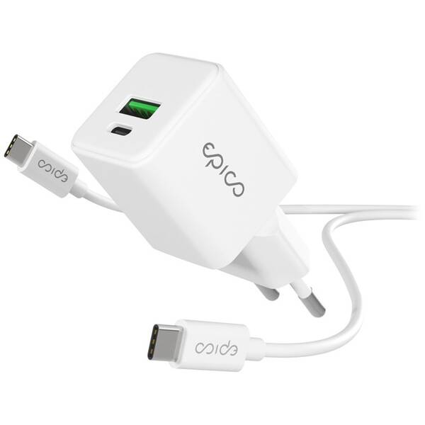 Nabíjačka do siete Epico UltraBoost GaN 20W 1x USB-A/1x USB-C + kábel biela

