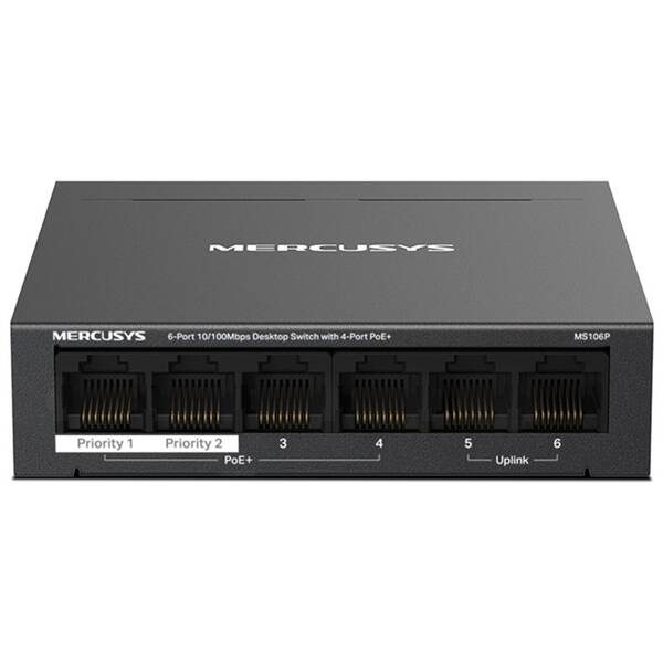 Switch Mercusys MS106P 6-Port FE (4-Port PoE+ 67W) čierny

