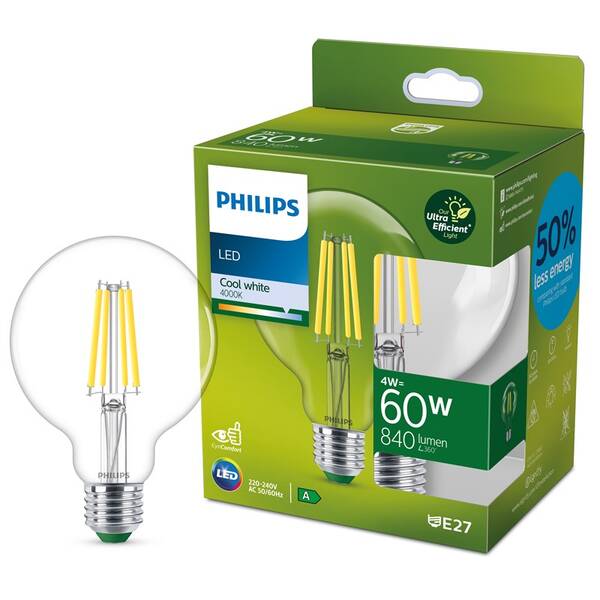 LED žiarovka Philips 60W, filament, G95, E27, neutrální bílá 

