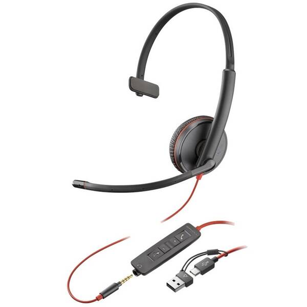 Headset HP Poly Blackwire 3215, 3,5 mm jack + USB-C/A adaptér, mono čierny

