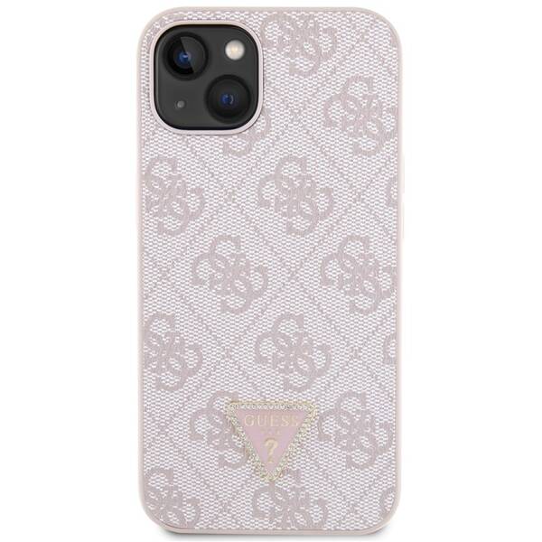 Kryt na mobil Guess 4G Strass Triangle Metal Logo na Apple iPhone 15 ružový

