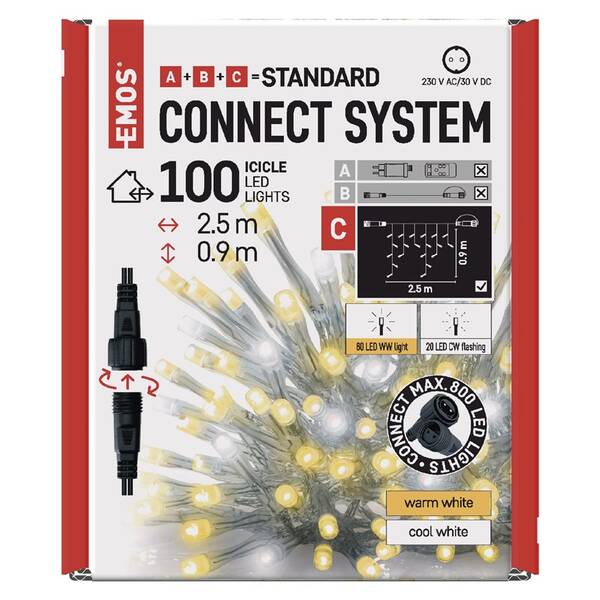 Spojovacia reťaz EMOS 100 LED Standard blikajúce - cencúle, 2,5 m, vonkajšie, teplá/studená biela 

