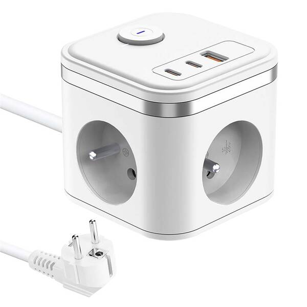 Kábel predlžovací Viking YC33W, 3x zásuvka, 1x USB-A, 2x USB-C, vypínač, 1,4 m biely

