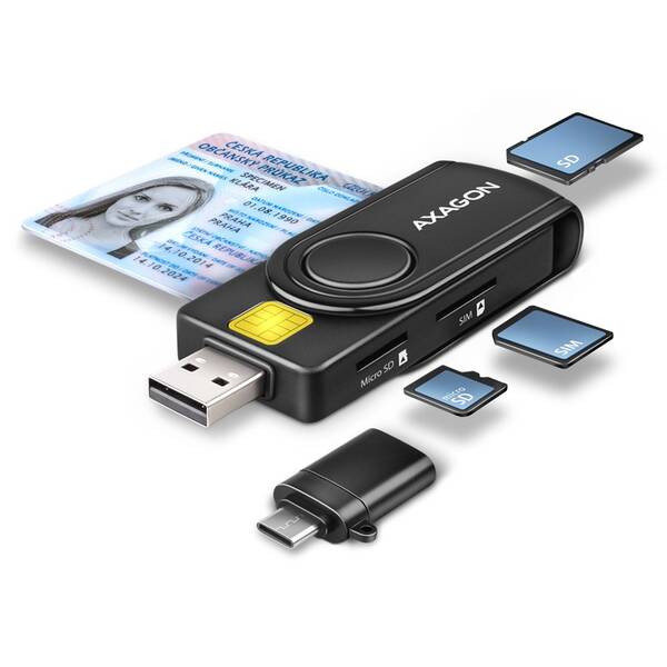 Čítačka eObčianok Axagon USB-A + USB-C PocketReader 4-slot + SD/microSD/SIM čierna

