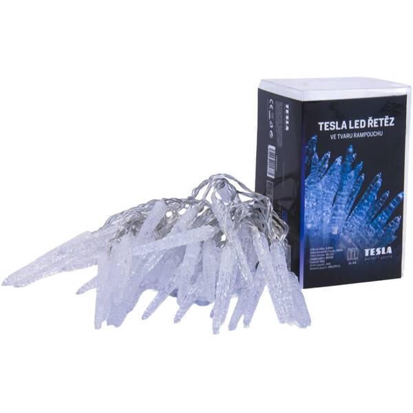 Vianočné osvetlenie TESLA lighting vianočná reťaz cencúľ, 50 LED, 5m + 30cm kábel, 3x AA batérie, čas. IP44 

