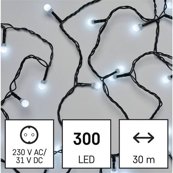 LED reťaz EMOS 300LED cherry reťaz - guličky, 30 m, vonkajšia aj vnútorná, studená biela, programy, časovač 

