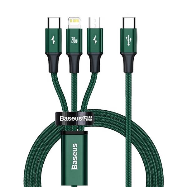 Kábel Baseus Rapid Series 3v1 USB-C (Micro USB/Lightning/USB-C) PD 20W 1,5m zelený

