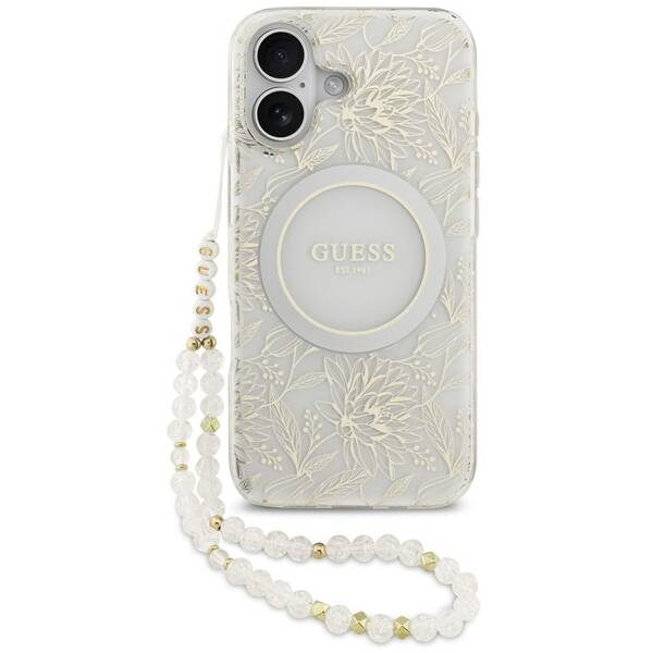 Kryt na mobil Guess IML Flowers Allover Strap MagSafe na Apple iPhone 17 biely

