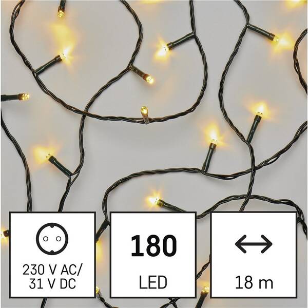 LED reťaz EMOS 180LED reťaz, 18 m, vonkajšia aj vnútorná, teplá biela, programy, časovač 

