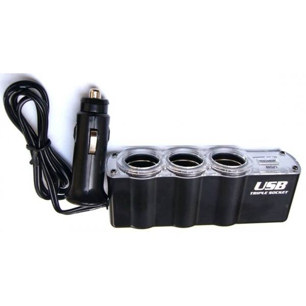 Adaptér do auta WG 3x 12V + USB s predĺžením čierny

