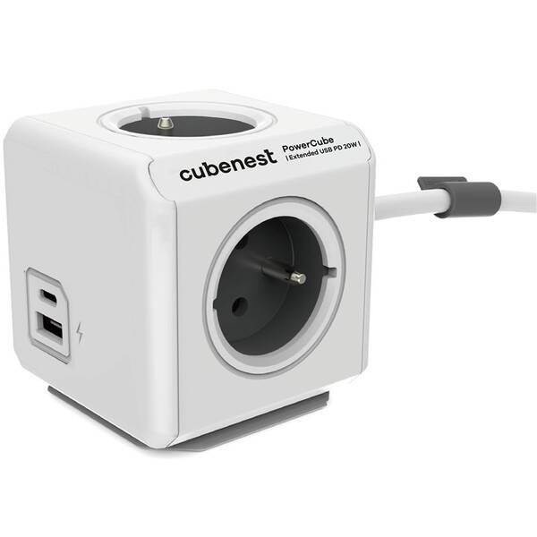 Kábel predlžovací Cubenest Powercube Extended USB PD 20W, A+C, 4x zásuvka, 3m sivé/biele


