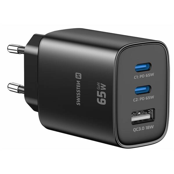 Nabíjačka do siete Swissten EDGE GaN 2x USB-C PD 65W/1x USB-A 18W QC čierna

