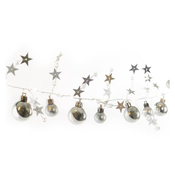 Vianočné osvetlenie EMOS 20 LED girlanda - strieborné gule s hviezdami, 1,9 cm, 2x AA, vnútorná, teplá biela 

