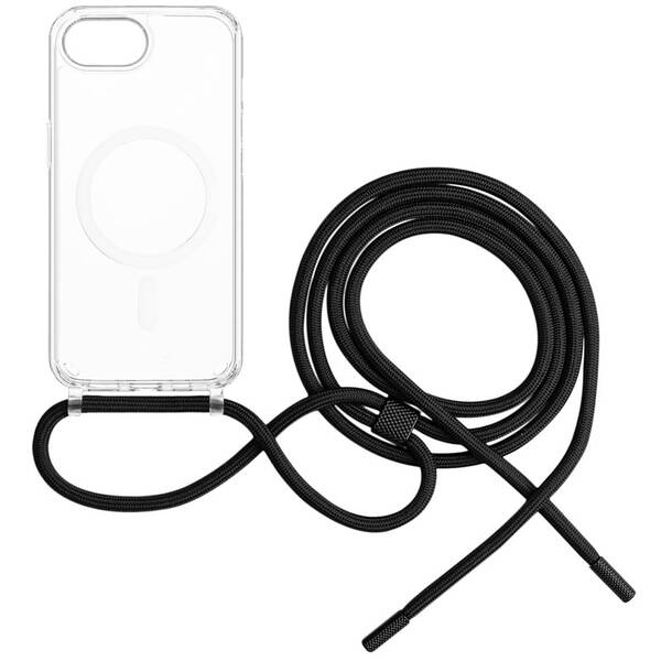 Kryt na mobil FIXED MagPure Neck s čiernou šnúrkou na krk na Apple iPhone 16e priehľadný


