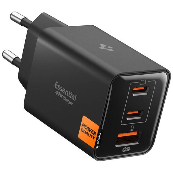 Nabíjačka do siete Spigen Essential 47W 2xUSB-C/1xUSB-A čierna

