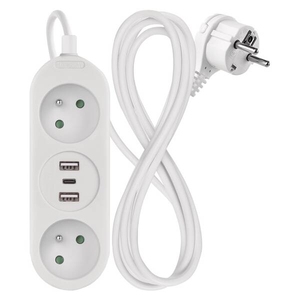 Kábel predlžovací EMOS 2x zásuvka, 2x USB, 1x USB-C, 1,4m biely

