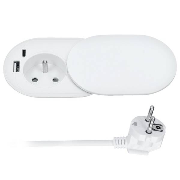 Kábel predlžovací Solight 1x zásuvka, USB A + C 20W, posuvné viečko, 2 m biely

