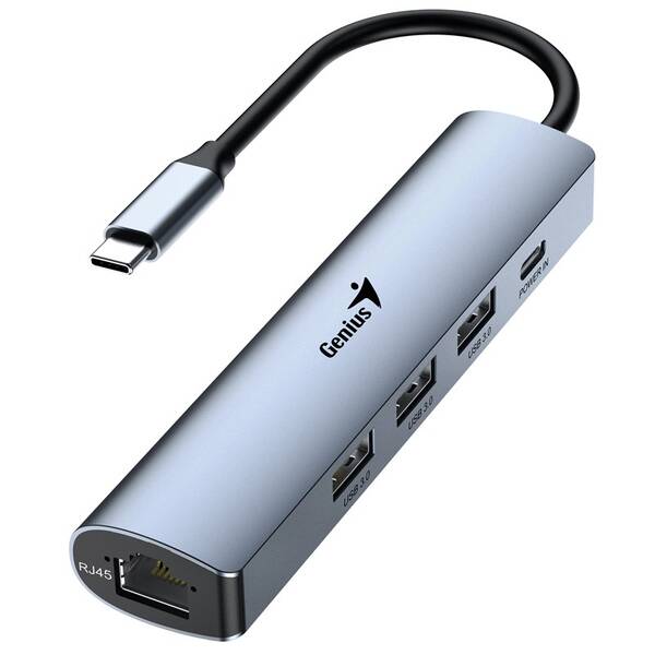 USB Hub Genius UH-545, USB-C/3x USB 3.0, 1x USB-C, 1x RJ-45 sivý


