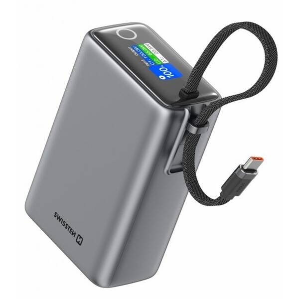 Powerbank Swissten 25000 mAh (96.25Wh) 100W, integrovaný kábel USB-C sivý

