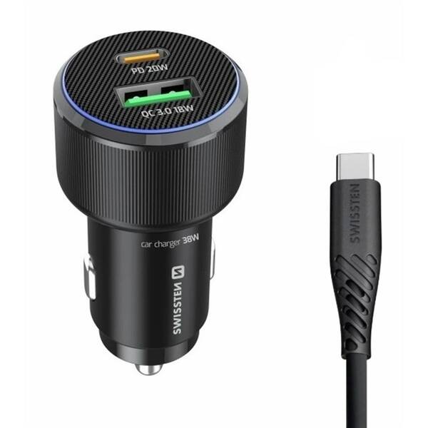 Adaptér do auta Swissten USB-C PD + USB-A, 38W + USB-C kábel 1m čierny

